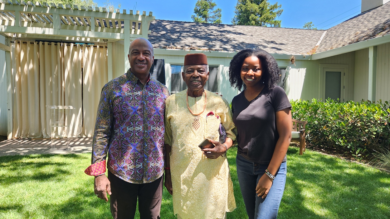 From left: UC Davis Chancellor Gary S. May, Georgia Tech Professor Emeritus Augustine O. Esogbue and computer science Ph.D. candidate Doreen Joseph.