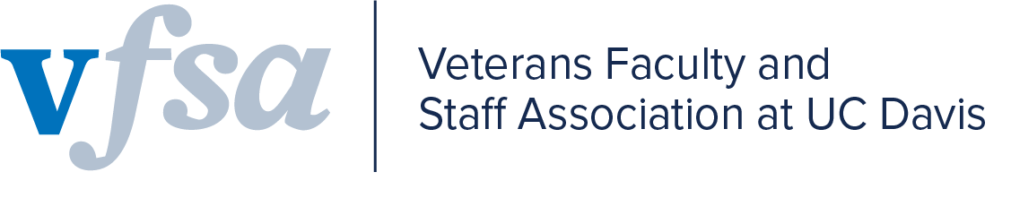 Logo of the Veterans Faculty and Staff Association (VFSA) at UC Davis, featuring the text 'vfsa' with the letter 'v' in blue and the remaining letters in gray, alongside the organization's full name in navy blue.