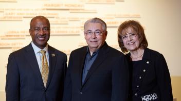 Chancellor Gary S. May, Professor Emeritus Raymond L. Rodriguez, CAMPOS Founding Director Mary Lou de Leon Siantz