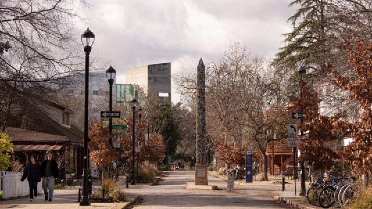 A tree-lined street in downtown Davis, California, featuring the colorful mosaic-covered Davis Needle sculpture in the center, with pedestrians walking on the sidewalk, bicycles parked to the right, and the UC Davis campus buildings visible in the background under a cloudy sky. Bucket Options