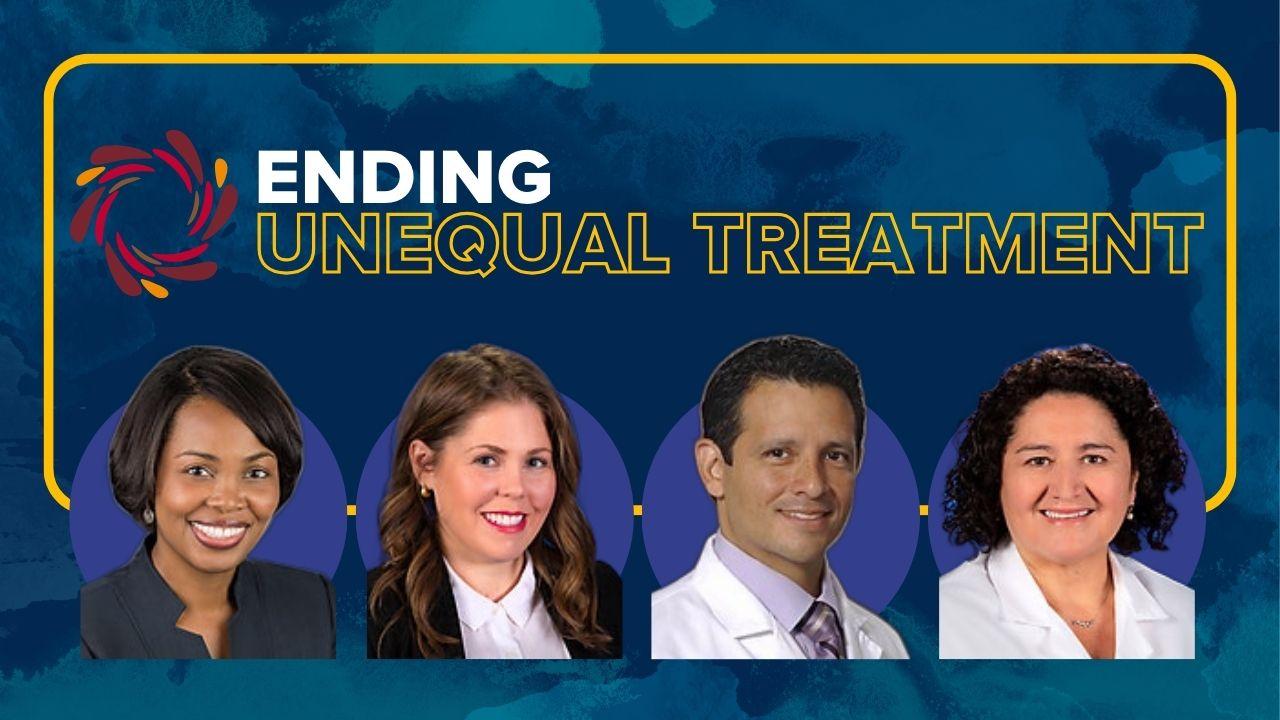 Dynamo logo. Ending unequal treatment. Headshot photos of Ruth Shims, Alice Popejoy, Erik Fernandez y Garcia and Carolina Reyes.