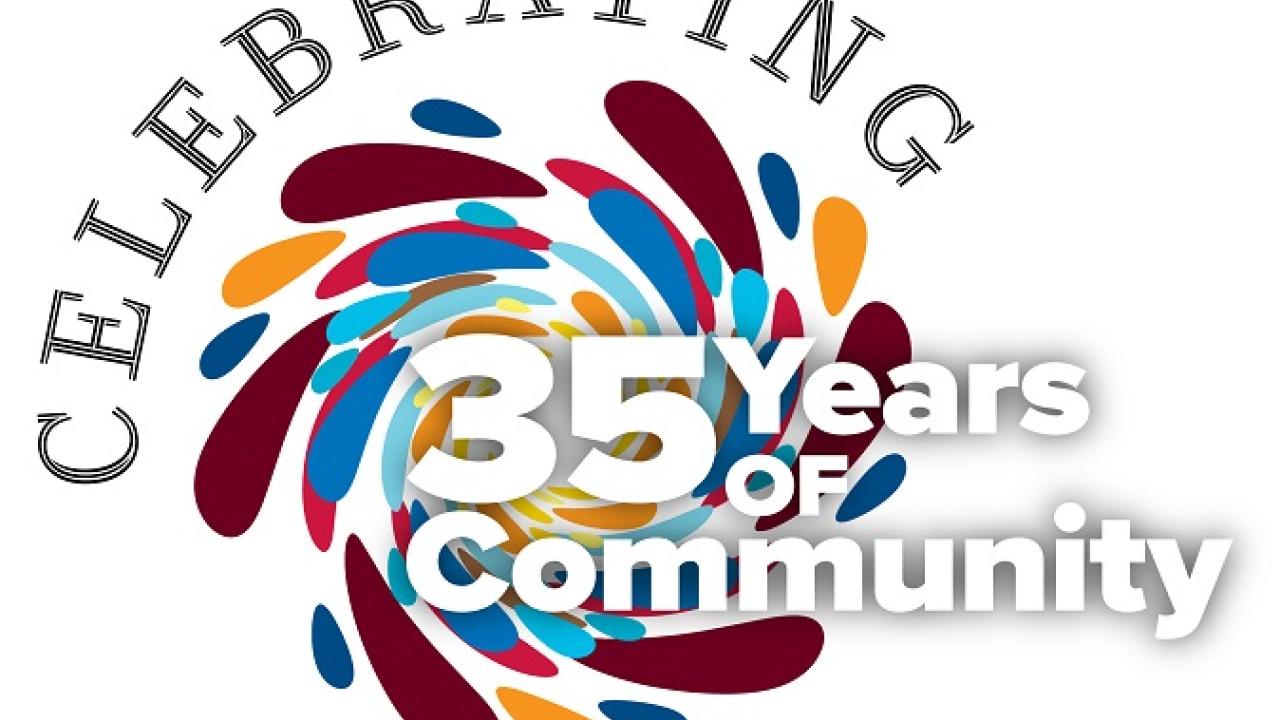 Colorful swirl design with text: "Celebrating 35 Years of Community."