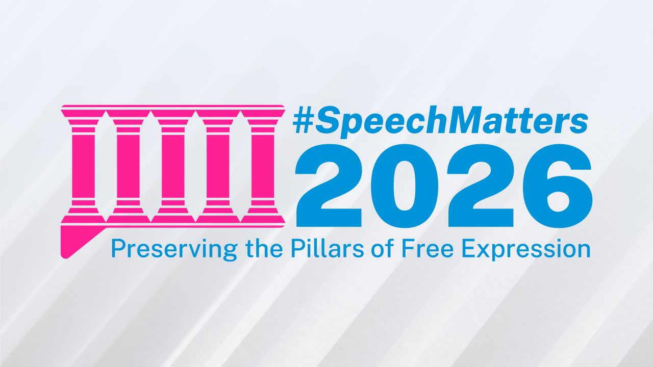Logo featuring pink pillars and blue text reading "#SpeechMatters 2026" with a slogan below.