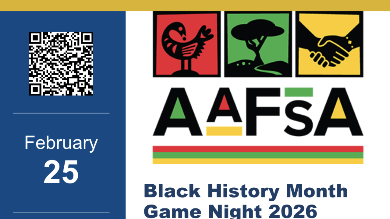 AAFSa Black History Month Game Night 2026, February 25, with colorful graphics and QR code.