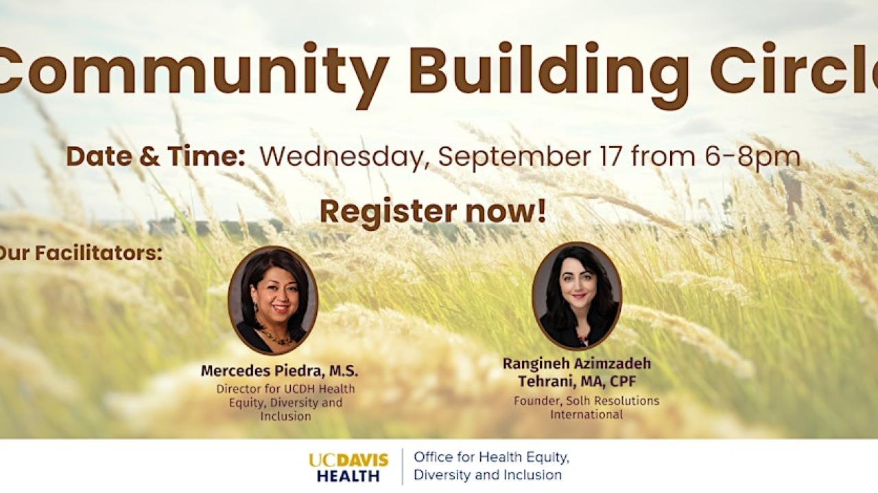 Promotional flyer for “Community Building Circle,” scheduled Wednesday, September 17 from 6–8 p.m., featuring facilitators Mercedes Piedra, M.S., Director for UCDH Health Equity, Diversity and Inclusion, and Rangineh Azimzadeh Tehrani, MA, CPF, Founder of Solh Resolutions International. The flyer includes UC Davis Health and Office for Health Equity, Diversity and Inclusion logos, with a background of wheat fields.