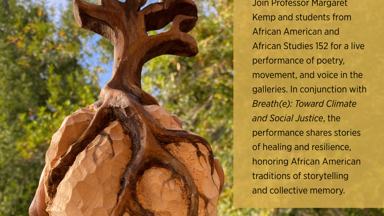 Flyer with warm brown, tan, and ochre tones like layered soil. White text announces Breath, Soil, Water, Life—a live performance with Professor Margaret Kemp and students featuring poetry, movement, and voice at the Manetti Shrem Museum, Nov 13, 4:30–6:30 PM.