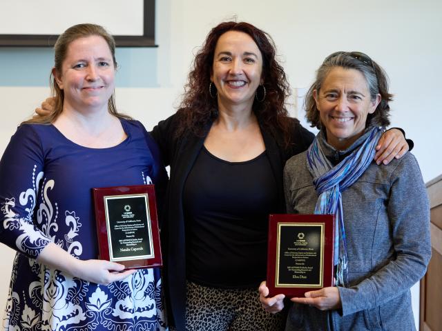 award winner Natalia caporale on left and elva Diaz on right, with CAMPOS faculty director, Verónica Martínez-Cerdeño in middle