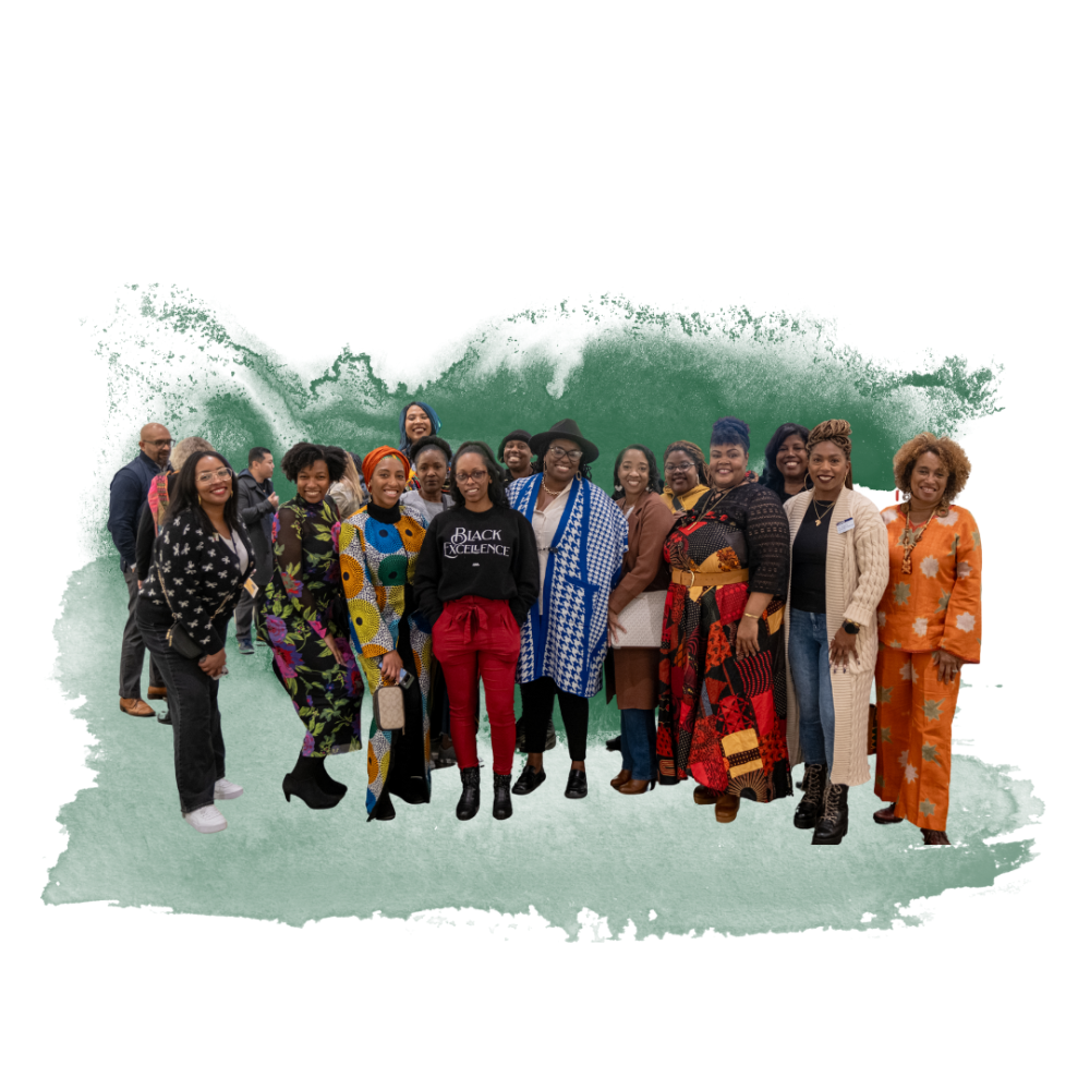 A group of diverse individuals posing together in colorful outfits against a green watercolor background.