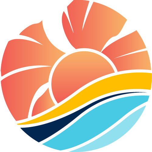 A circular logo featuring a stylized orange and pink hibiscus flower partially surrounding a setting sun. Below the sun, curving bands in yellow, navy blue, and light blue represent ocean waves or landscapes, evoking a serene island or coastal scene.