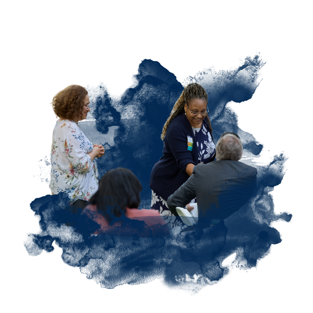 Four people interacting outdoors with blue watercolor splashes in the background.