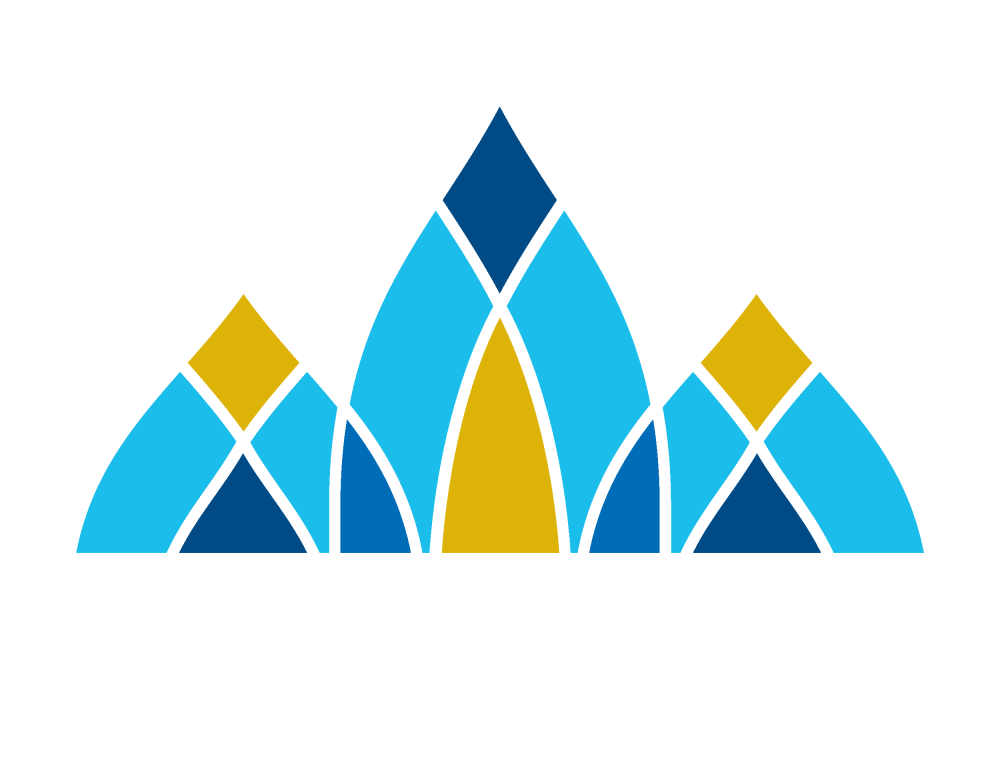 A stylized geometric logo composed of overlapping pointed shapes resembling petals or flame tips in shades of blue and gold. The central, tallest shape is flanked by two smaller mirrored sets, forming a symmetrical triangular arrangement.