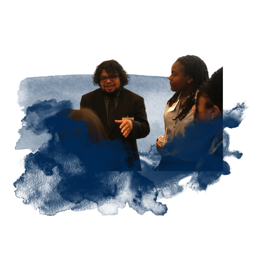 Several people conversing with a blue watercolor background.
