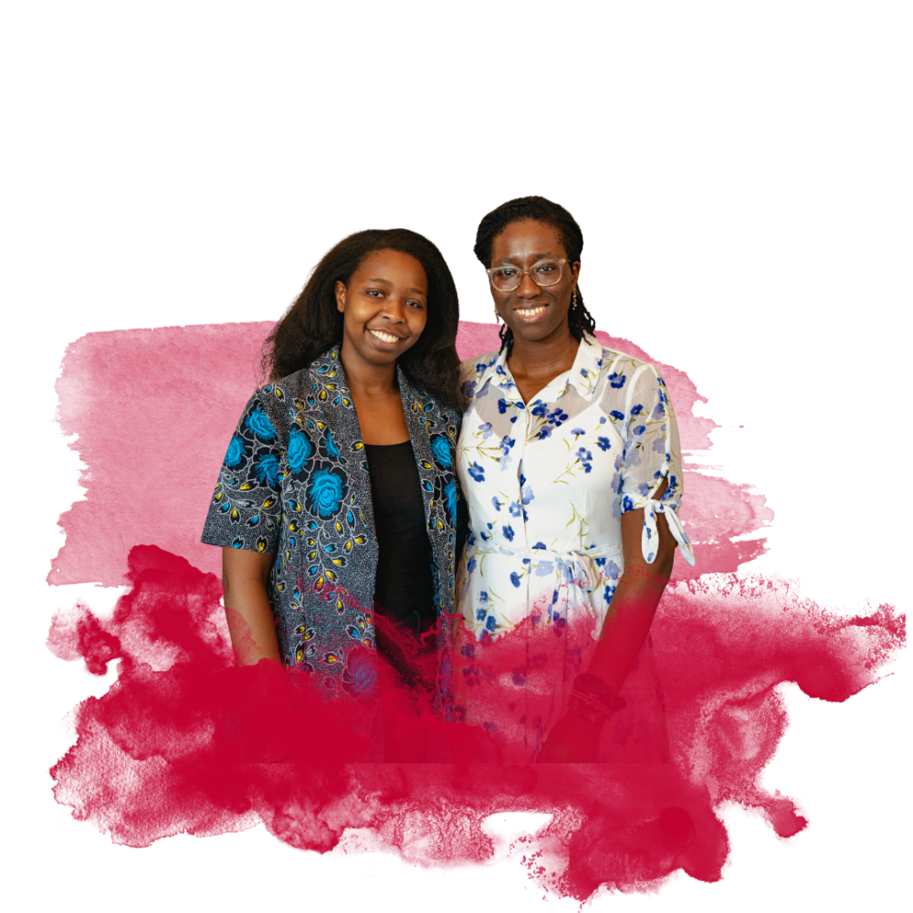 Two people smiling, standing against a white background with red watercolor brushstrokes.
