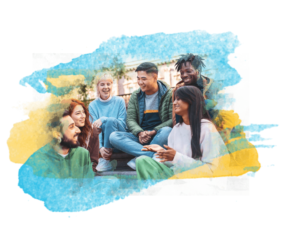 A group of six young adults sitting on steps, laughing and talking, with colorful paint-like splashes around the image.