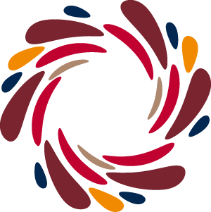 A circle of colors in organic shapes of blue and gold, poppy, merlot, and red