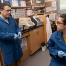 Luis Carvajal-Carmona, Ph.D., associate vice chancellor of academic diversity within the Division of Diversity, Equity and Inclusion, stands in his lab talking to one of his student lab assistants who is seated. Both are wearing a lab coat and lab goggles.