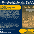 Poster: 'Bombay Islam' discussion, yellow-blue design with panel headshots and sepia book cover