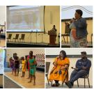 Collage of six pictures. Three Buffalo Soldiers in uniform holding flags. Dr. Faheema Mustafaa at a podium in front of a large presentation screen that says "Healing through Scholarship and Awareness: Black Adolescent Girls on Defining Well-Being, and Identifying Supports and Threats to Well-Being. Dr. Ebony Lewis performing. Kimberly Evans speaking with James Aboagye holding a microphone. Kast Academy Dancers in colorful clothing. Denisha "Coco" Bland performing in front of a presentation screen.
