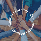 Different skin toned hands overlap each other in a circle with the words "Respect, Equity, Learning and Community" over the top.