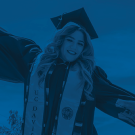 the word "Avanza" is over the top of a blur duotone image of Yissel Martinez wearing UCD graduation cap and gown, and jumping in a vineyard