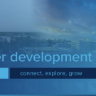 Blue-toned image split between UC Davis campus water tower and UC Davis Health buildings. Text overlay reads: “Career Development Week, Nov 17–21 – connect, explore, grow.”