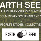 Graphic poster: Earth Seed documentary screening by People's Kitchen, aerial farmland background