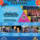 Flyer for the Sacramento Latino Book & Family Festival on September 13, 2025, at Valley High School. Free admission, bilingual activities, health and education resources, over 100 exhibitors, and author book signings.