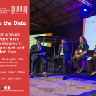 Flyer for the 2nd Annual Workforce Development Symposium and Job Fair on September 12th at Midtown Church, Sacramento. Symposium: 8am–1:30pm. Job Fair: 3–5pm. Includes photo of a panel discussion with four speakers.